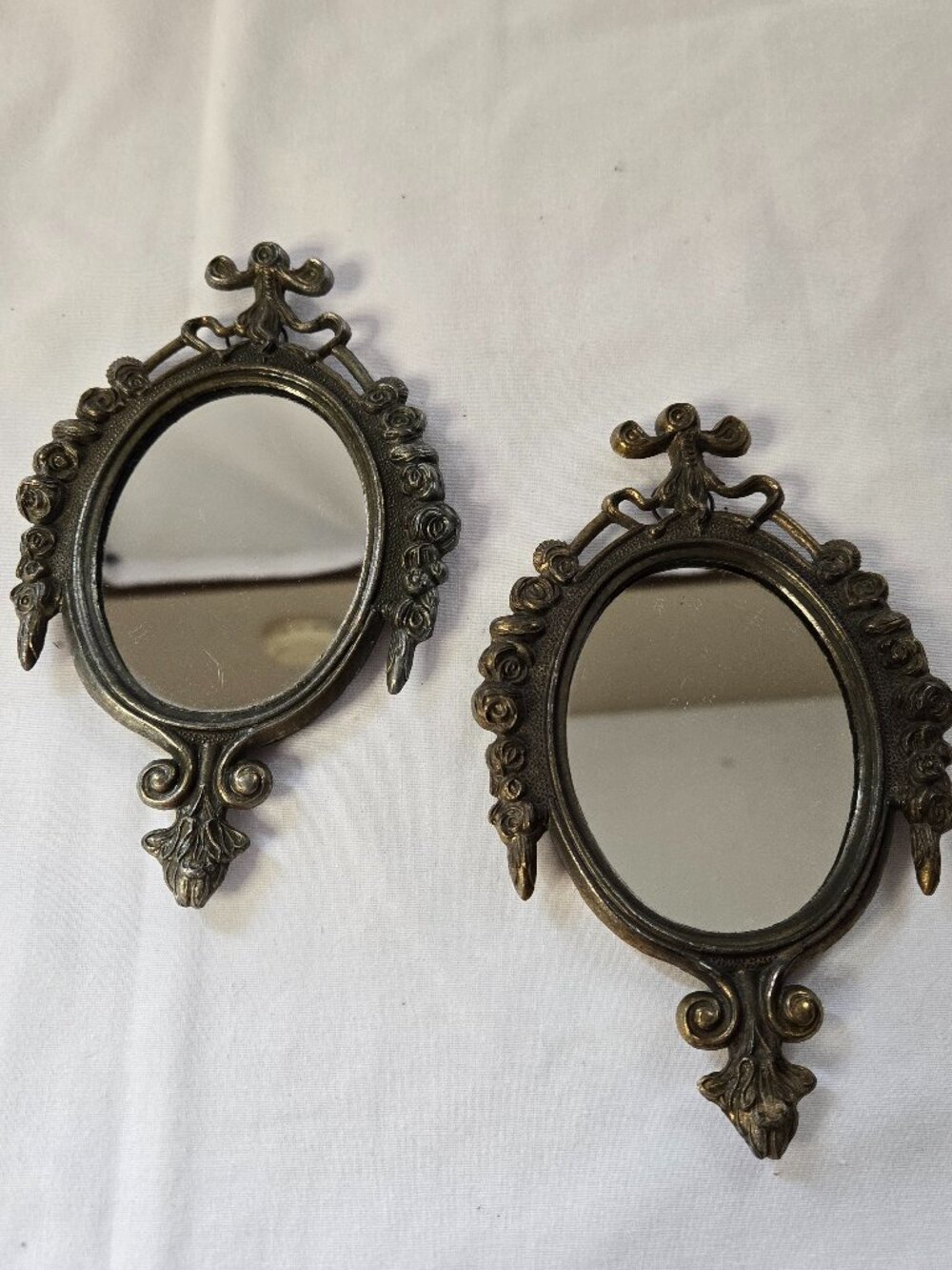 Vintage Italian Ornate Oval Wall Mirror Pair in Antiqued Brass Finish